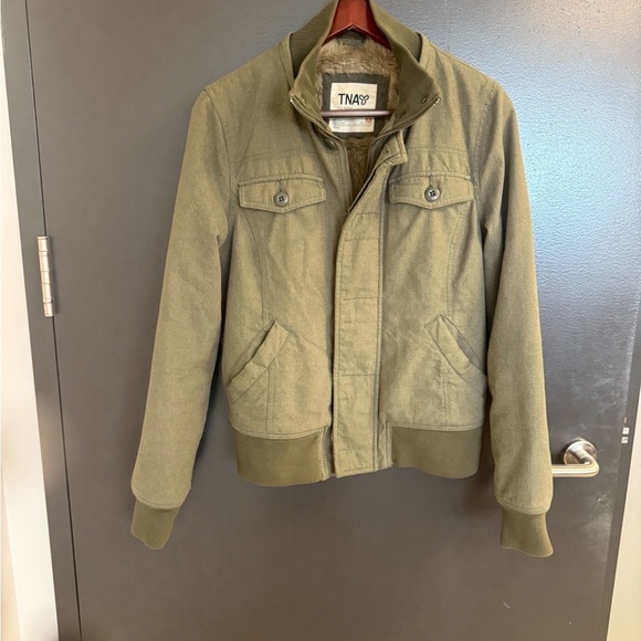 TNA M mint newer condition Olive Bomber Jacket faux fur lining - Picture 3 of 16